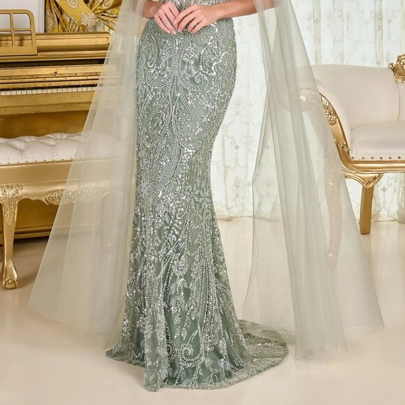 New Sage Beads Embellished  Maxi Mother Of Bride Gown w/ Cape Sleeves GL3704 - Picture 7 of 13